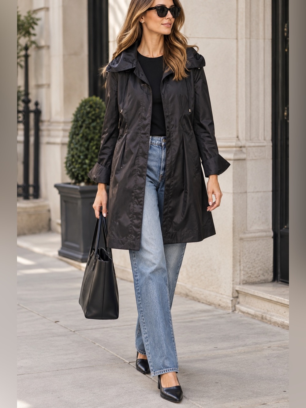 ELLE Black Satin Sheen Hooded Trench Coat Jacket Size L Lightweight Longline - Picture 2 of 9